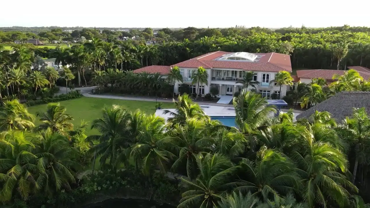 Aerial view of a luxury Florida estate surrounded by tropical palms