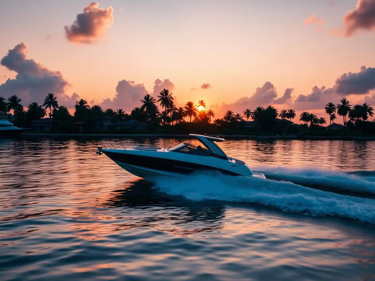 A boat cutting across Florida's intracoastal waterway at sunset